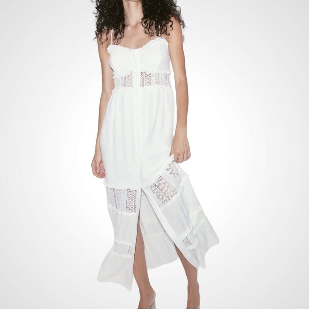 H&M Lace-inset Crêpe White Maxi Dress Boho Summer Size Small - Picture 2 of 7